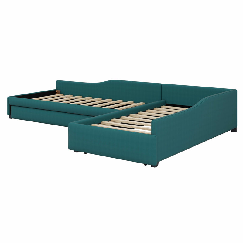 Upholstered Double Daybed With Trundle And Drawer, Green