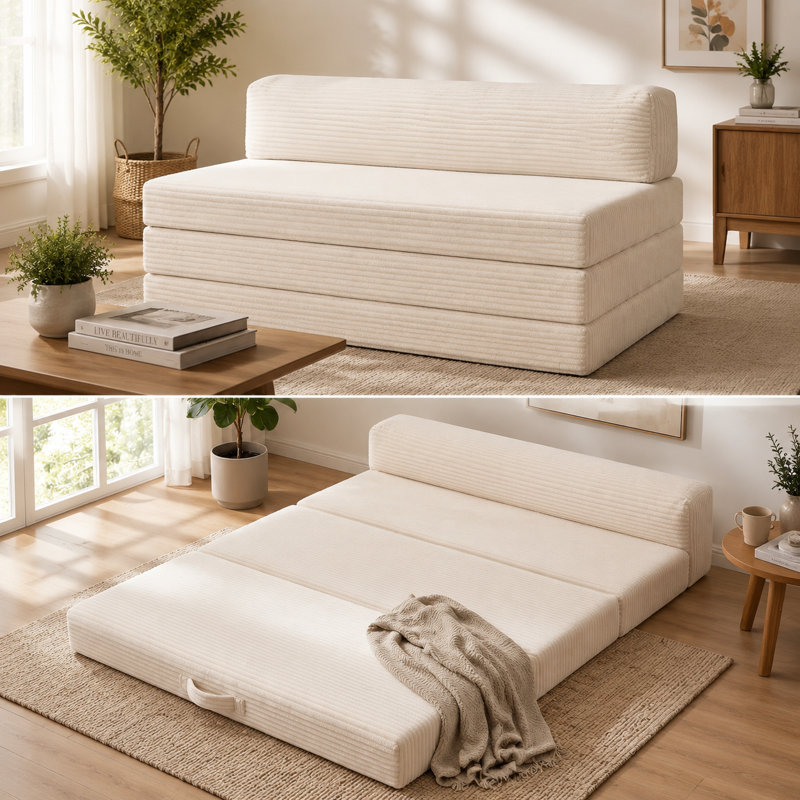 Canapé-lit futon double convertible pleine grandeur, canapé-lit beige avec poignée, coussins amovibles et housse lavable pour les petits espaces