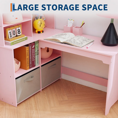Multi-Functional Kids Desk and Chair Set with Mirror – Study & Makeup Table with Bookshelf, Cloth Drawer, Bulletin Board, Perfect for Girls' Reading, Art & Learning, Children's Furniture, Pink Color