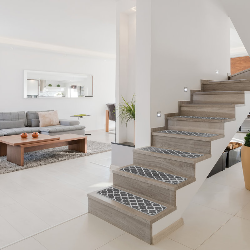 House, Home and More - Ensemble de 15 tapis d'escalier intérieurs - treillis marocain - gris brumeux et lin blanc, Gris