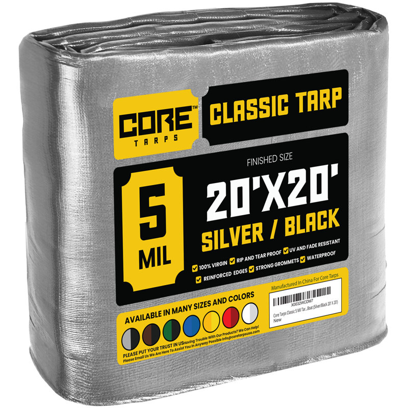 Bâche en polyéthylène robuste de 20 pi x 20 pi 5 mil, imperméable et résistante aux rayons UV, Argent / noir