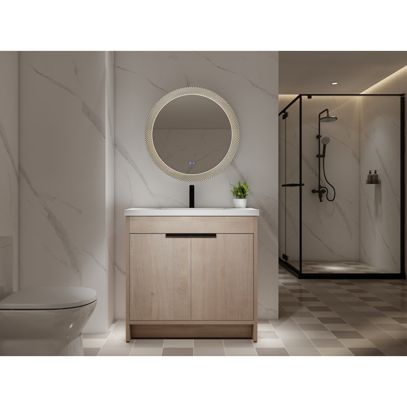 Meuble-lavabo autoportant avec lavabo en résine blanche et deux portes à fermeture en douceur