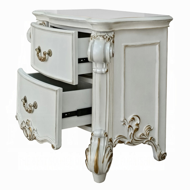 Ensemble de chambre à coucher baroque 6 pièces Vendome avec lit tapissier, commode, commode, 2 tables de chevet et miroir, tête de lit capitonnée, finition perle antique