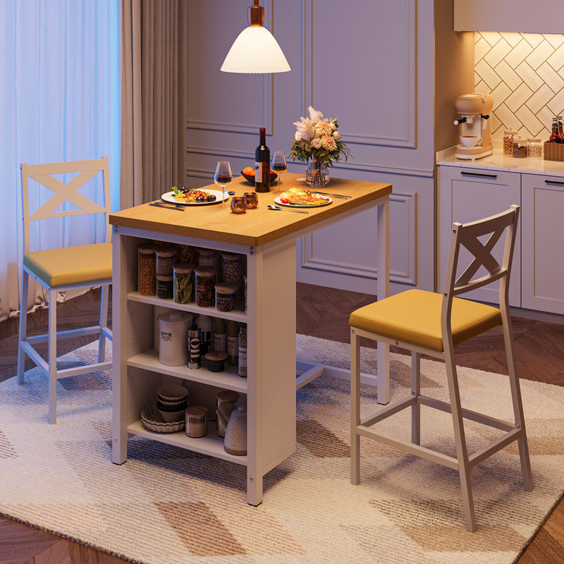  Ensemble de petite salle à manger 3 pièces de style transitionnel avec tablettes de rangement réglables, ensemble de table de salle à manger à hauteur de comptoir de l 35 po avec 2 chaises rembourrées en polyuréthane pour petit espace, coin-repas, salon et salle d'étude