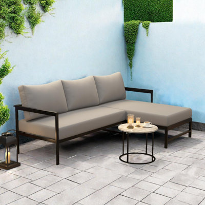 Outdoor L-Shaped Sofa with Iron Frame, Weather-Resistant Cushions, Comfortable Seating for 3