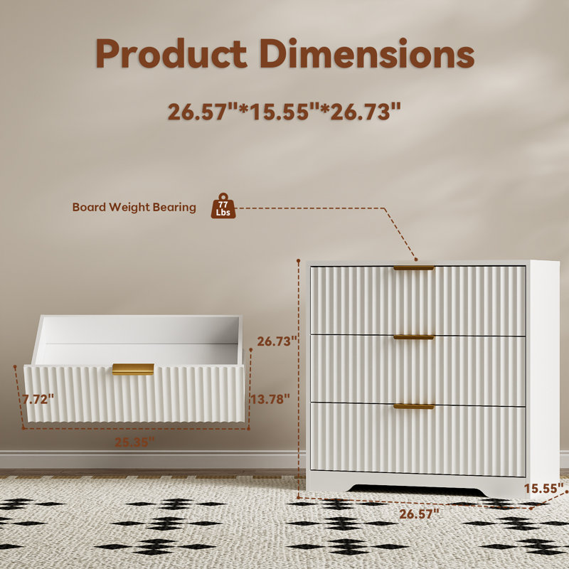 27"W Modern Nightstand With 3 Storage Drawers, White