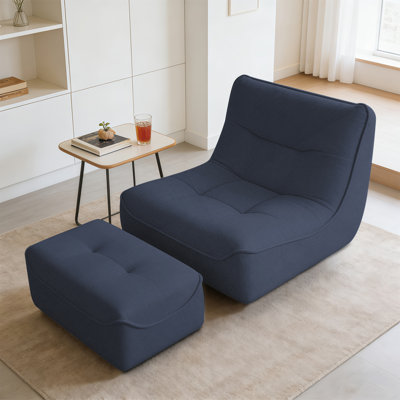 XUEGW Large Faux Fur Bean Bag Chair With Matching Detachable Ottoman Foot Stool, Navy Blue