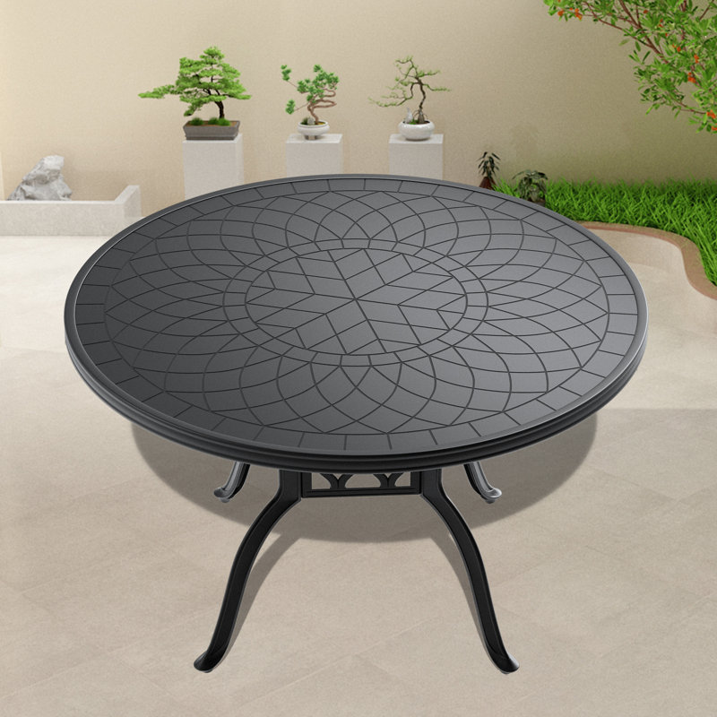 Table de salle à manger 47,24 pouces en fonte d'aluminium avec structure noire et texture sculptée sur le plateau de table
