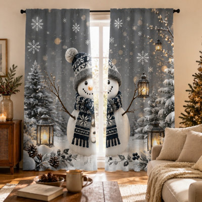 Lot de rideaux à motif bonhomme de neige, imprimé festif de flocons de neige et de lanternes, séparateur de pièce chaleureux sur le thème d'un pays des merveilles de Noël pour le salon (Home Dector)