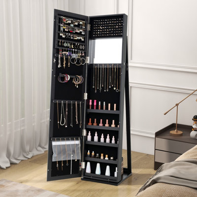 Organisateur de rangement pour bijoux debout et verrouillable avec miroir pleine longueur, noir