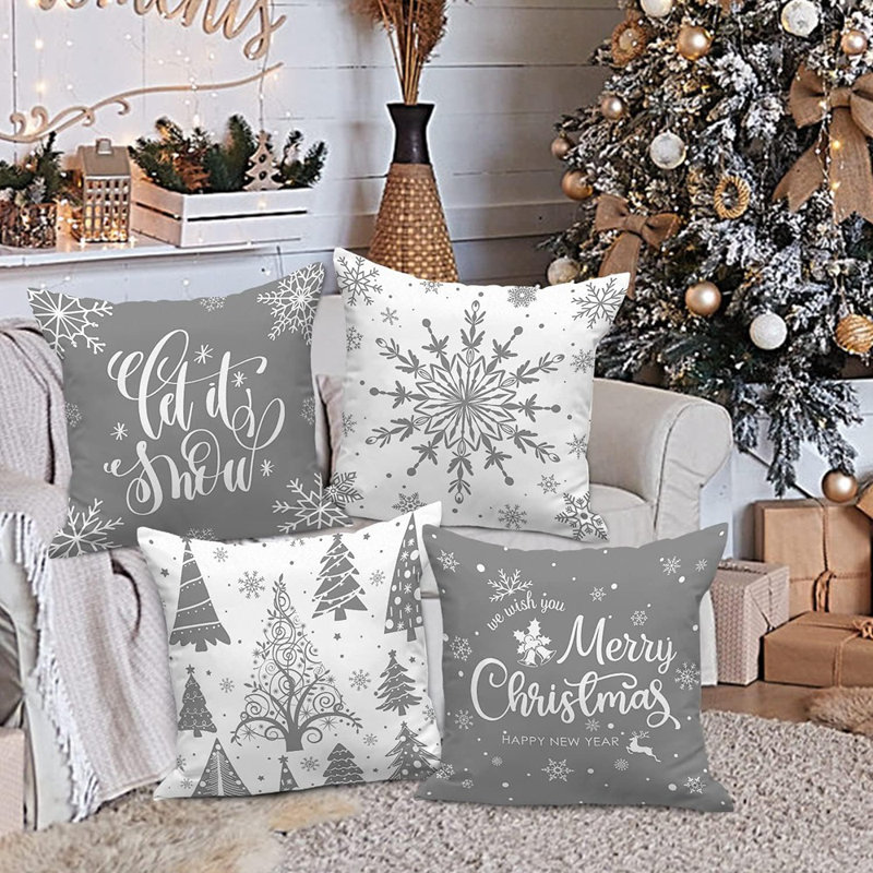 Ensemble de 4 housses de coussin blanches et grises de Noël 18 x 18, housses de coussin décoratives en forme de flocon de neige gris d'hiver de 18 pouces pour chambre à coucher