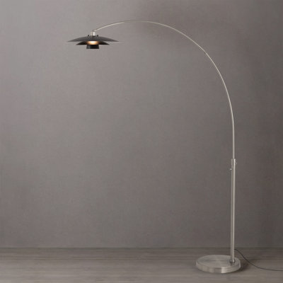 Float Arc Lamp - Modern Style, Satin Nickel Finish, Fleur Matte Black Silver Steel Shade, Satin Nickel Steel Base, Dimmable, Column Stem Switch