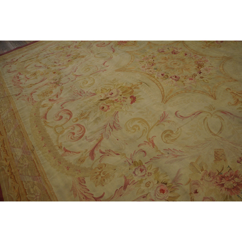 Light Ivory Color Antique Square Room Size Flatweave French Aubusson Rug