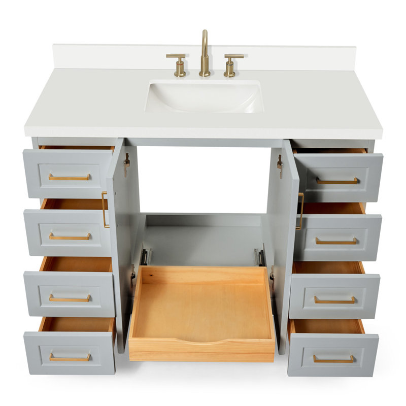 Freitas 48'' Solid Wood Single Bathroom Vanity, Gray, Rectangle, White Quartz
