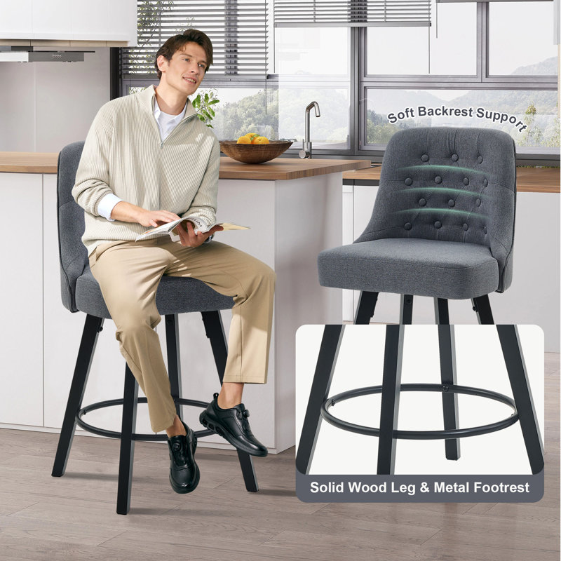 Swivel Bar Stools, 26'' Upholstered Counter Stool with Solid Wood Frame, Grey
