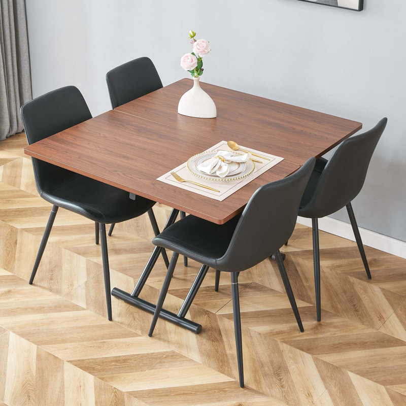 Ensemble de table et de chaises. Plateforme de levage multifonctionnelle moderne, plateau en panneau de fibres à densité moyenne avec autocollant grain de bois de noyer, pieds en métal.