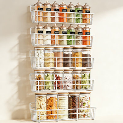 5-Tier Wall Mount Spice Rack Organizer With Screws And Adhesive, Space-Saving Hanging Shelf For Kitchen Counter, Cabinet, Or Bathroom Storage