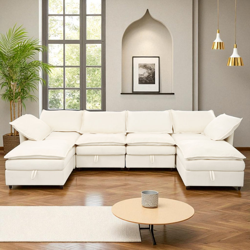 Canapé-lit modulaire rembourré avec rangement 6 pièces Avery, Chenille beige