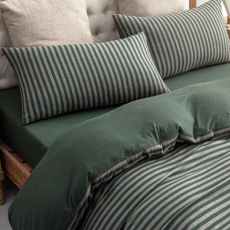 Jersey Cotton Set, Queen Duvet Cover + 2 Standard Shams, Green Striped