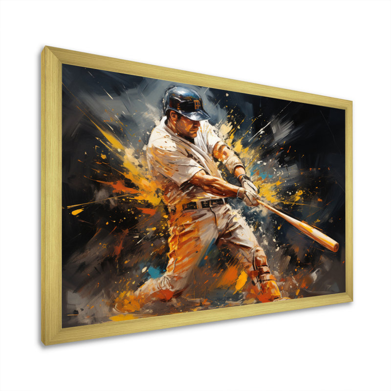 Baseball abstrait Home Run - Art de baseball sur toile, H 30 po x l 40 po x P 1,5 po, Encadrement doré