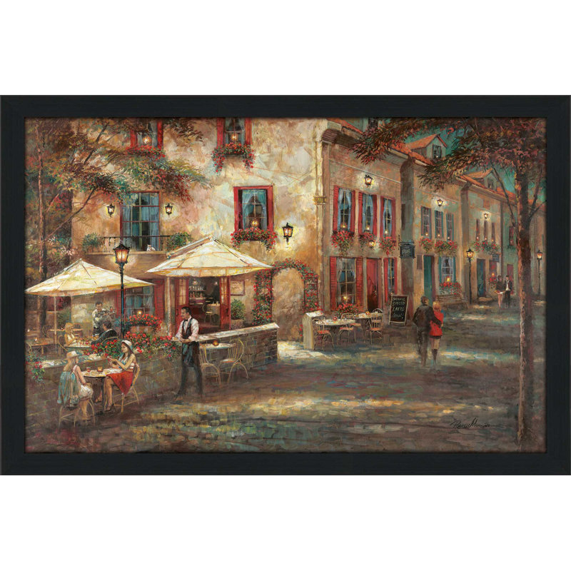 « courtyard cafe », reproduction de peinture à l’huile encadrée, H 35,5 po x l 51,5 po x P 0,75 po