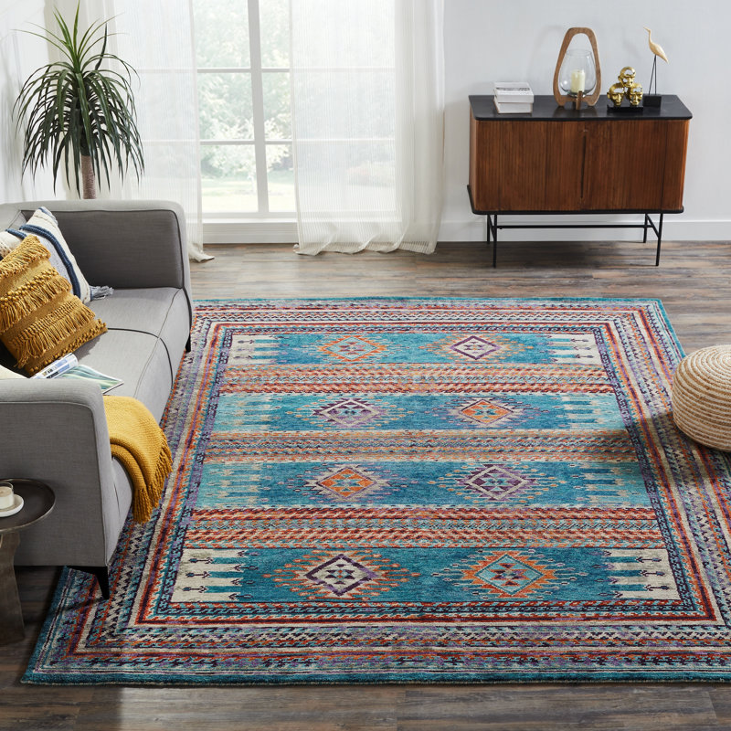 Salzer Turquoise Ember Wool Hand-Knotted Area Rug, Rectangle 10' x 14'