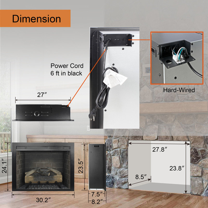  28" Electric Fireplace Insert with Fire Crackling Sound, Adjustable Flame & Thermostat, Fireplace Heater with Remote, Timer, Hardwired/Plug-In, 1500W, Black
