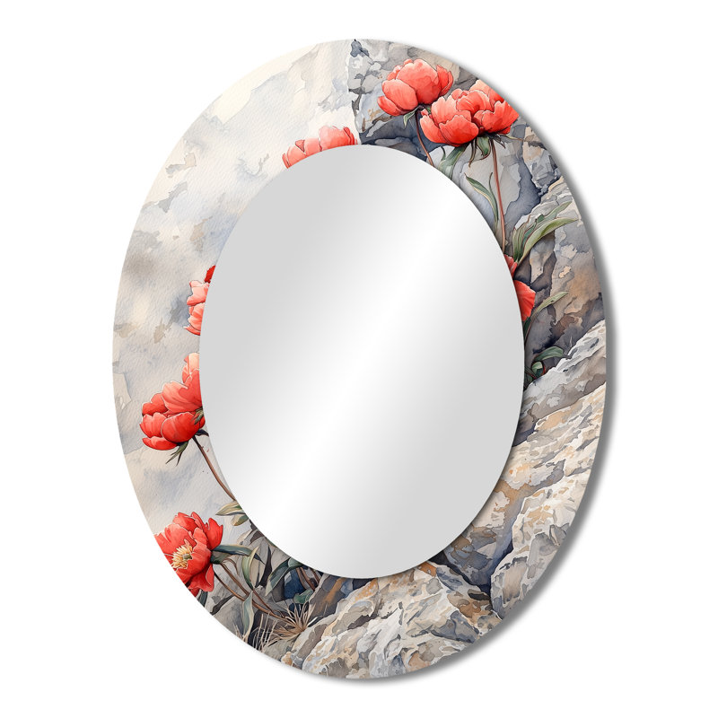 Peonies By The Rocky Outcrop I - Traditional Oval Wall Mirror, 43" x 33"