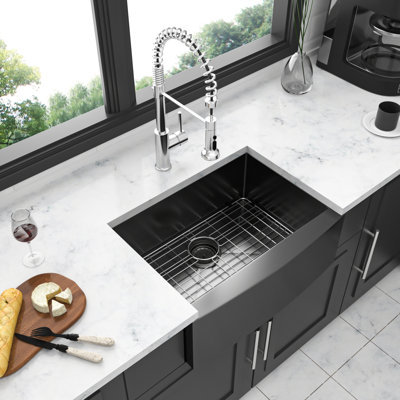 Gunmetal Black Sink 24" - 16 Gauge Stainless Steel Apron Front Kitchen Sink, Scratching Finish Application, No Water Trace, Heat & , Construction, Soundproof Lining, Good Drainage, R10 Rounded