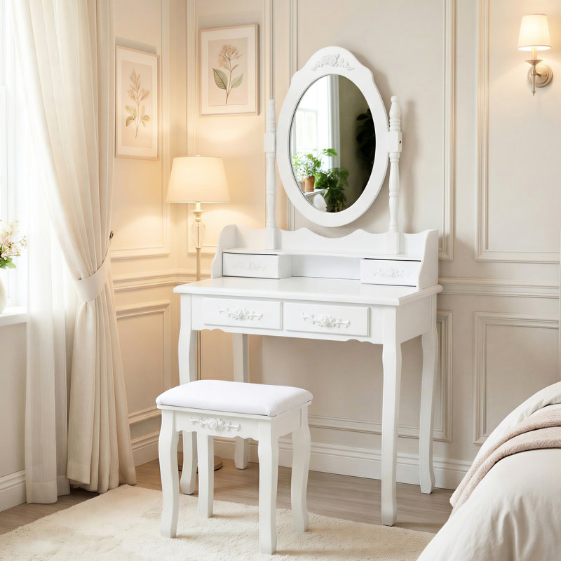 Coiffeuse blanche avec miroir pivotant à 360°, 4 tiroirs de rangement, tabouret confortable, montage facile, idéale pour le maquillage et les soins du visage. Spacieuse et rembourrée.
