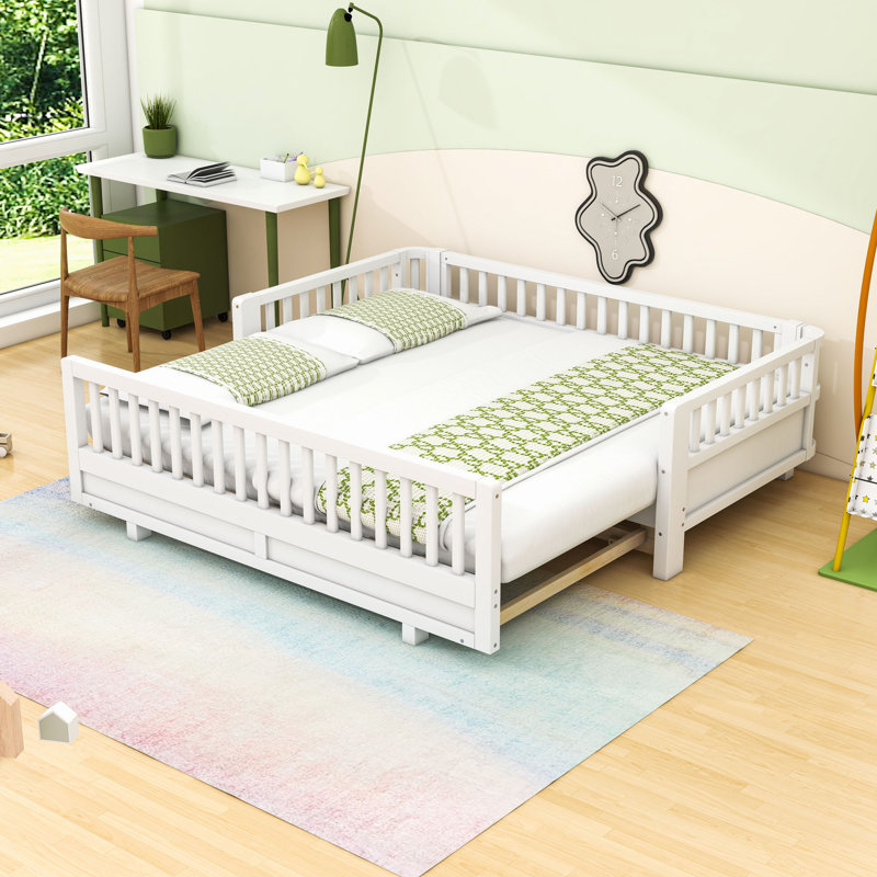 Lit plateforme extensible en bois avec garde-corps et lattes, Simple, Blanc