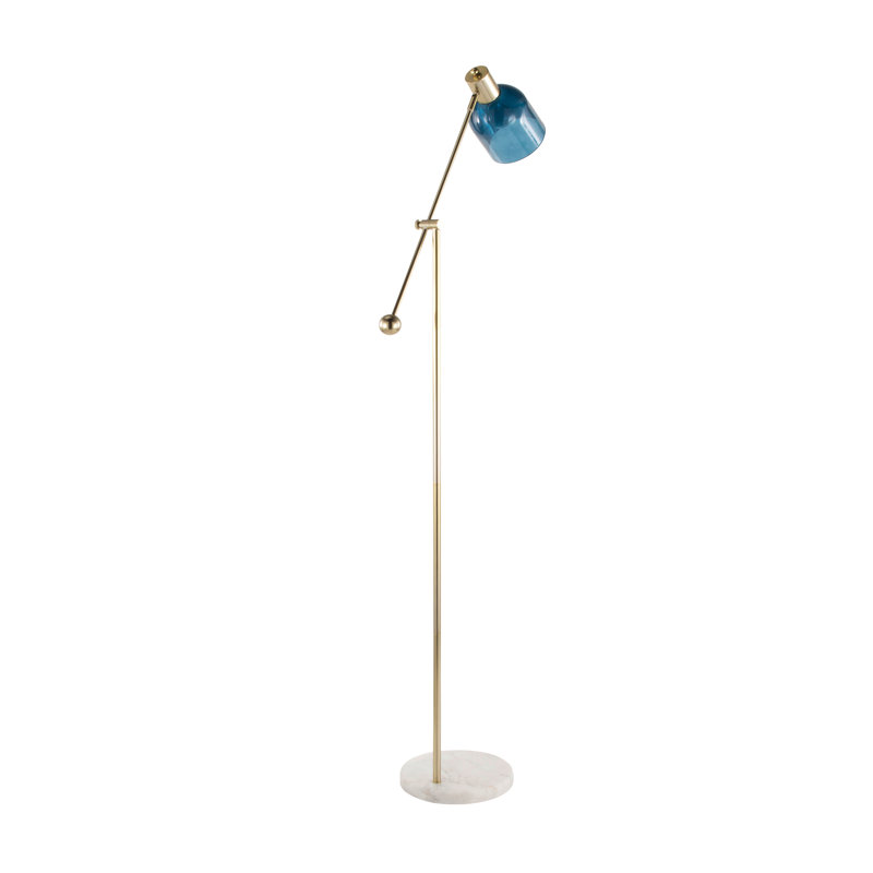Lampe sur pied contemporaine Marcel en marbre blanc, métal doré et verre bleu