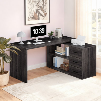 360° Rotating L Shaped Computer Desk With 3 Drawers And 2 Shelves, Home Office Swivel Desk For Work, Reversible Wood Corner Desk With Storage Cabinet, by Gracie Oaks