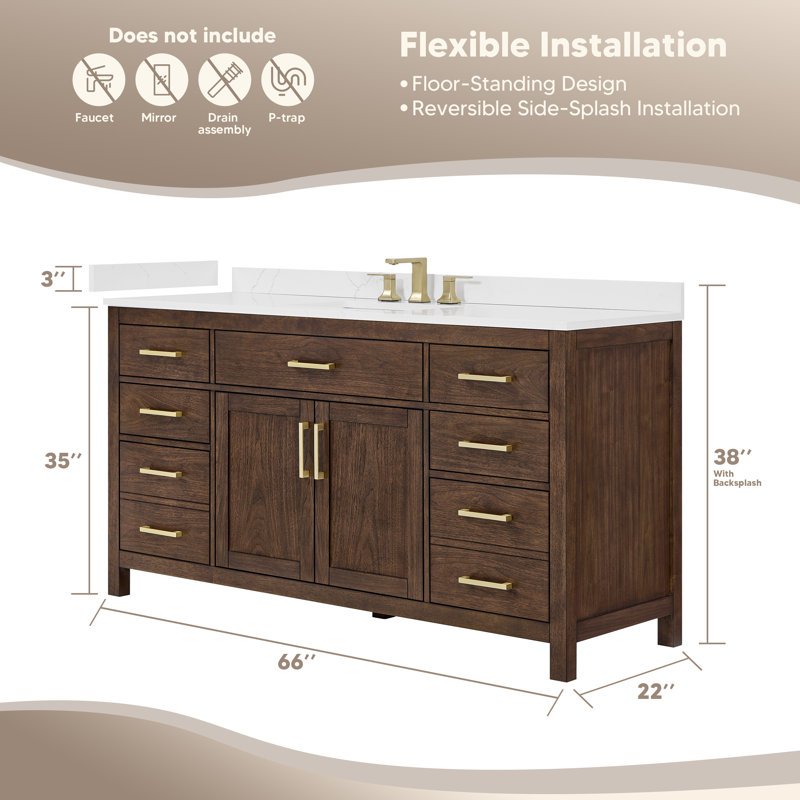 Beckett 66" Freestanding Single Bathroom Vanity with Quartz Top, Dark Walnut, Brushed Gold, White Quartz