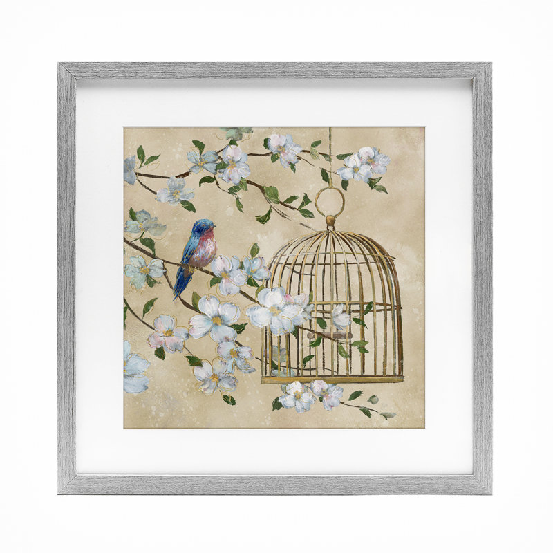 «Evening Song Birdcage Over Beige», reproduction sous verre encadrée, design par Nan, H 13 po x l 13 po, Cadre de ferme gris