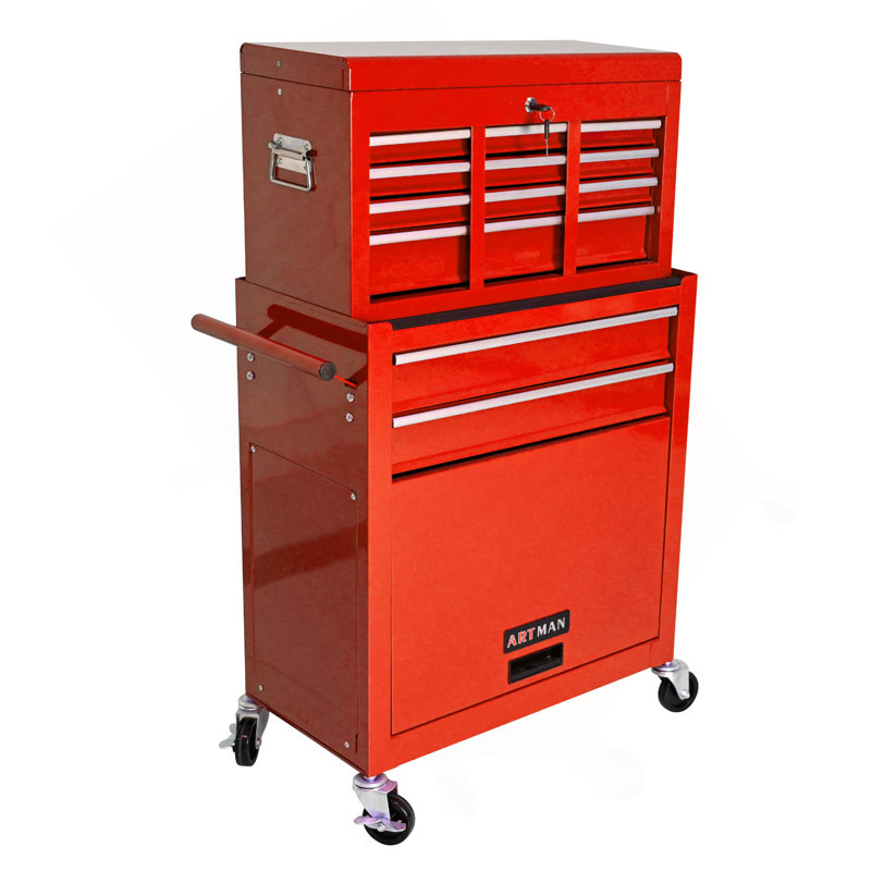 Coffre à outils grande capacité avec roulettes et tiroirs, armoire de rangement pour outils à 8 tiroirs - Rouge, Rouge