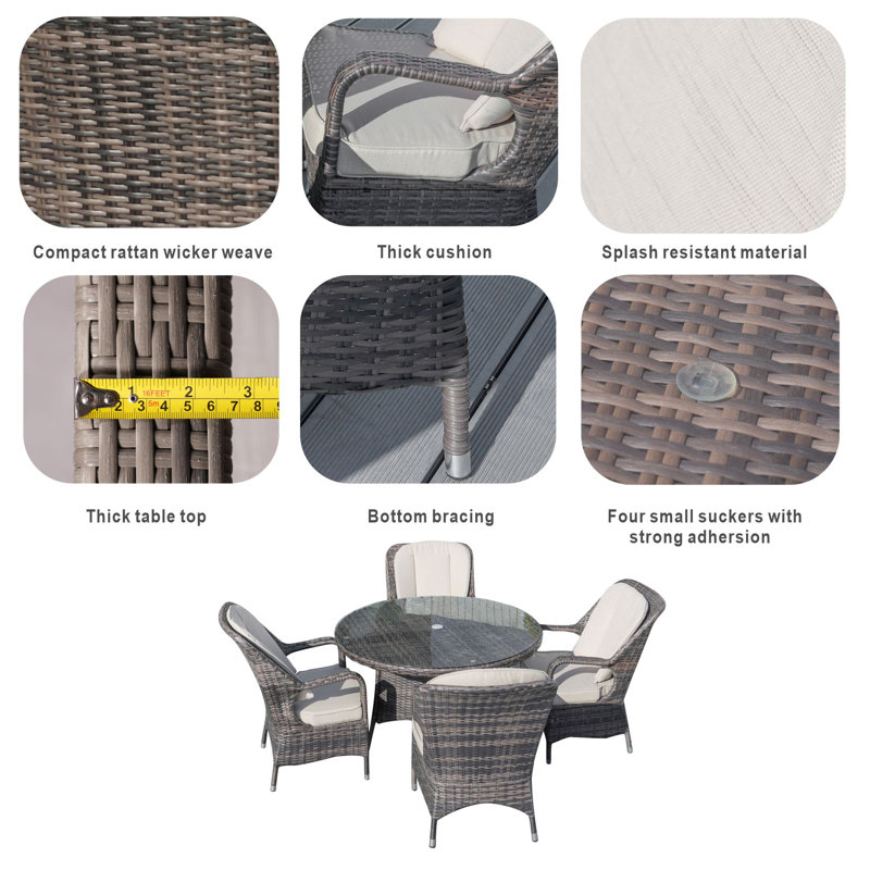 Guyer 4 - Person Wicker Patio Dining Set with Round Table , Cushions Included, Beige, Brown