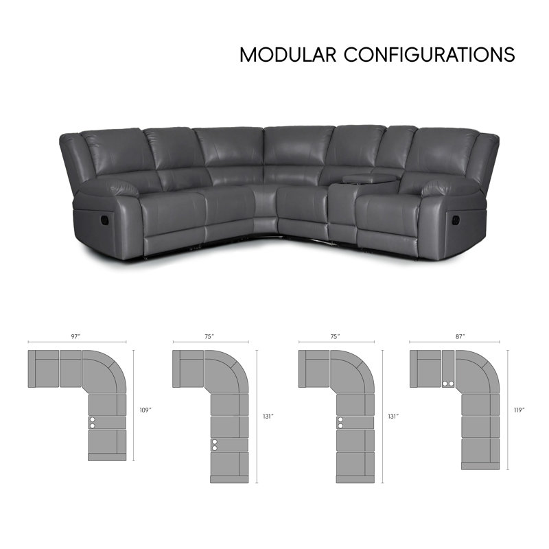 6-piece Faux Leather Reclining 5-seater Sectional With Storage Console & Cup Holders, Gray Faux Leather