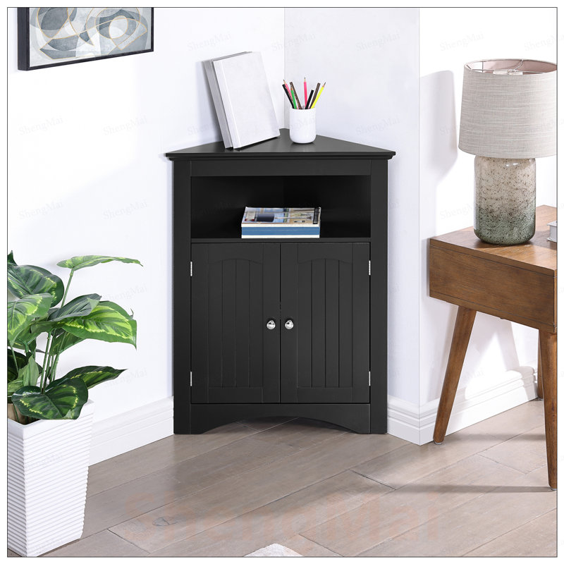 Armoire de coin de salle de bain avec portes et tablettes, rangement multifonctionnel pour la cuisine et le salon, Black
