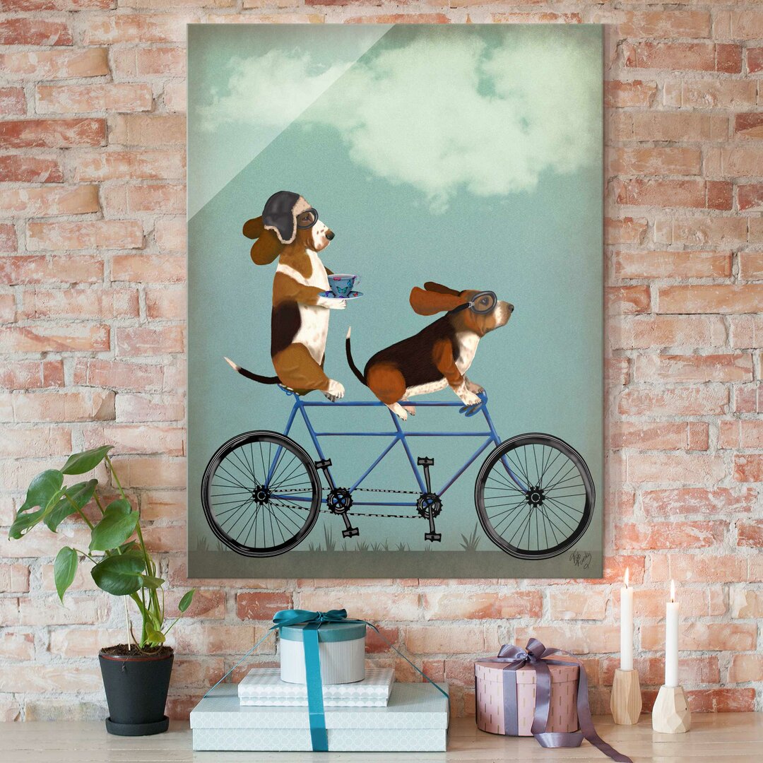 Glasbild Bassets auf dem Tandem