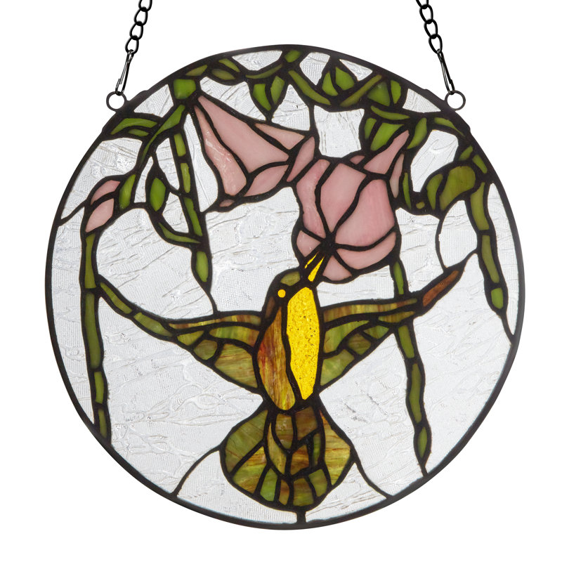 10"H Hummingbird and Hibiscus Round Stained Glass Window Panel