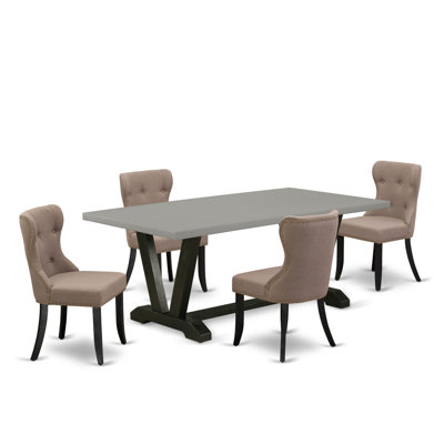 Ensemble de table 5 pièces Mid-Century composé d'une table en bois de ciment et de 4 chaises rembourrées en tissu de lin café - Finition du dossier brossée