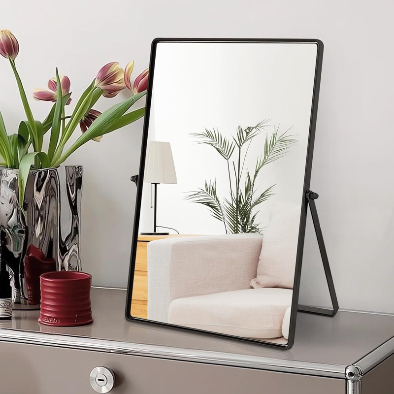 Rectangular Black Vanity Makeup Mirror With Metal Stand 