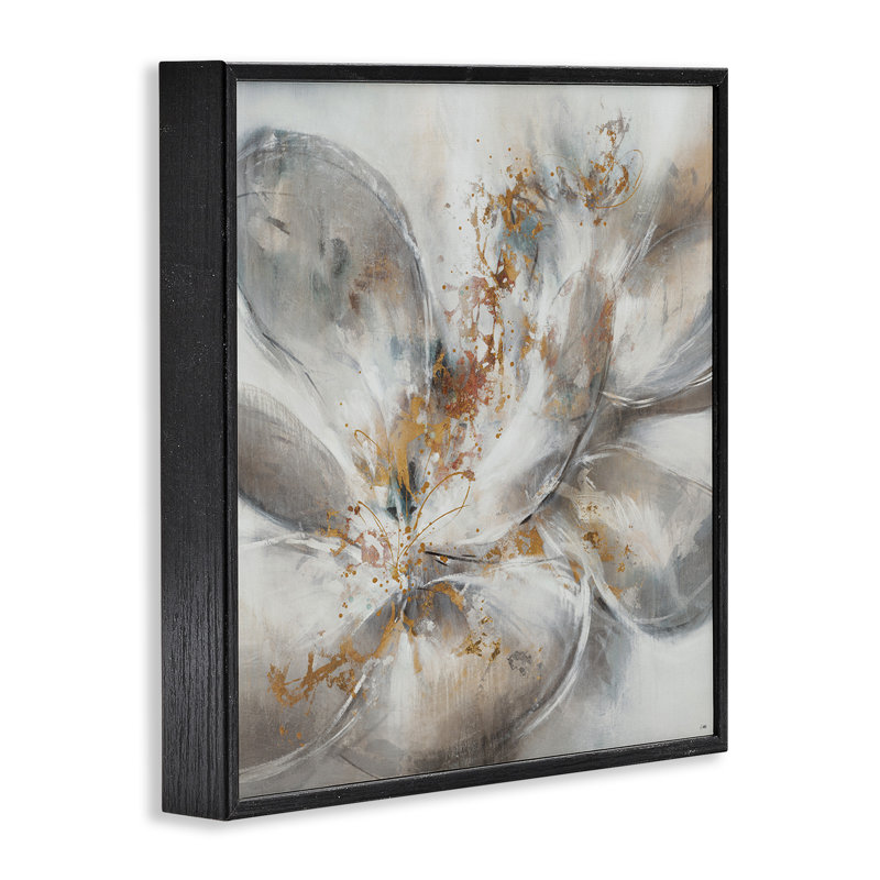 'Abstract Flower Bloom Grey Gold' Painting Print, 12" H x 12" W, Midnight Black Framed Giclee