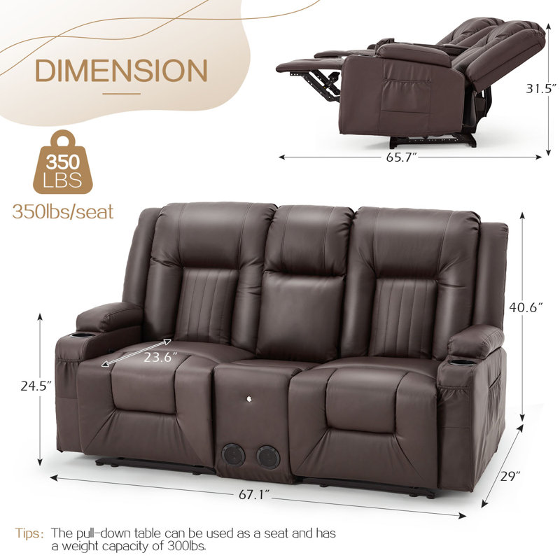 Recliner Loveseat With Console&Bluetooth Speakers, Manual Rv Loveseat Reclining Sofa, Brown