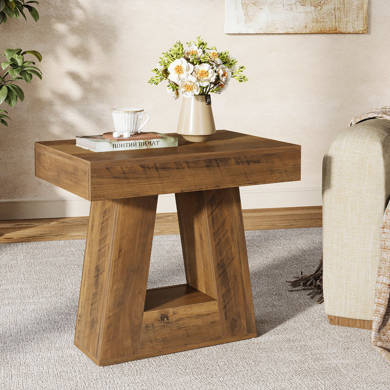 Modern 2-Tier Nightstand With Trapezoid Base, Wood-Grain Finish Bedside Table, Dark Brown