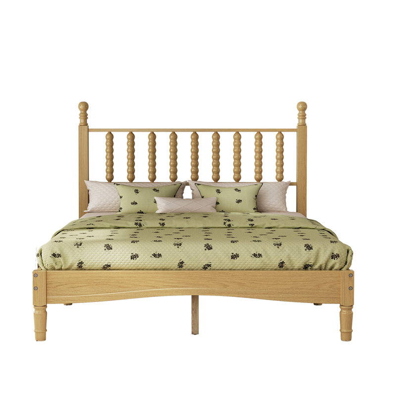 Wood Platform Bed With Gourd Shaped Headboard,Retro Style Platform Bed With Wooden Slat Support, Full