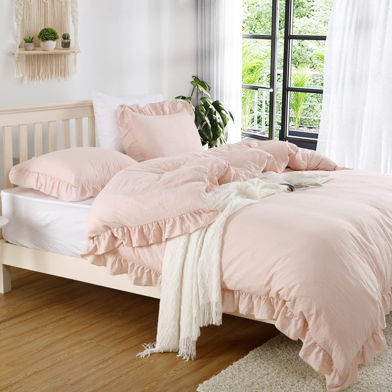 Ensemble de housse de couette style campagne française, Housse de couette pour lit simple + 1 taie d'oreil, Rose