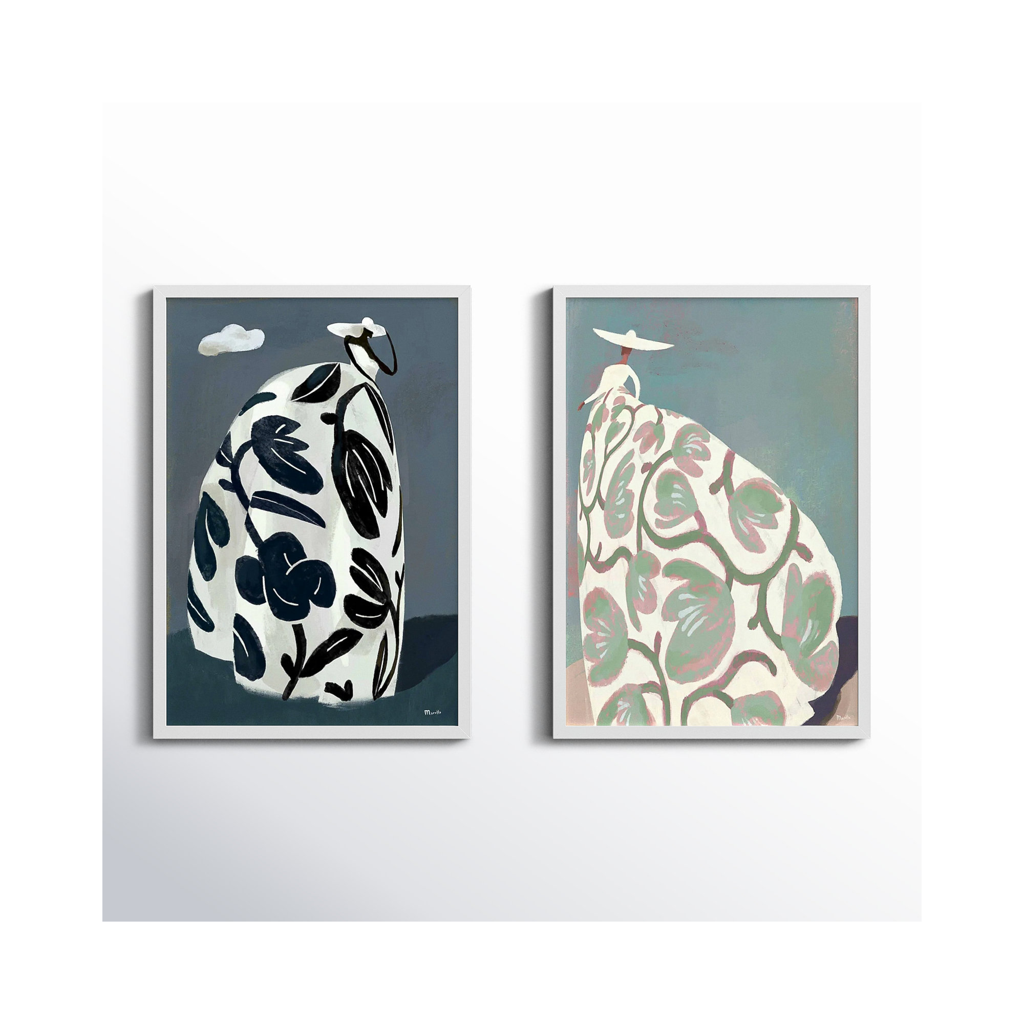 Storm & Beach Dresses by Marco Marella For Studio M, White Paper Framed, 25" H x 17.5" W