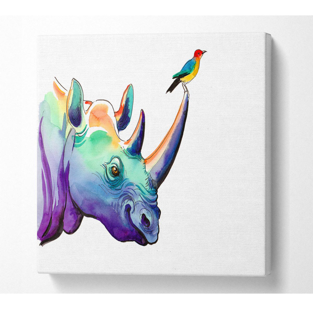 Regenbogen Nashorn Vogel Quadrat Leinwanddruck